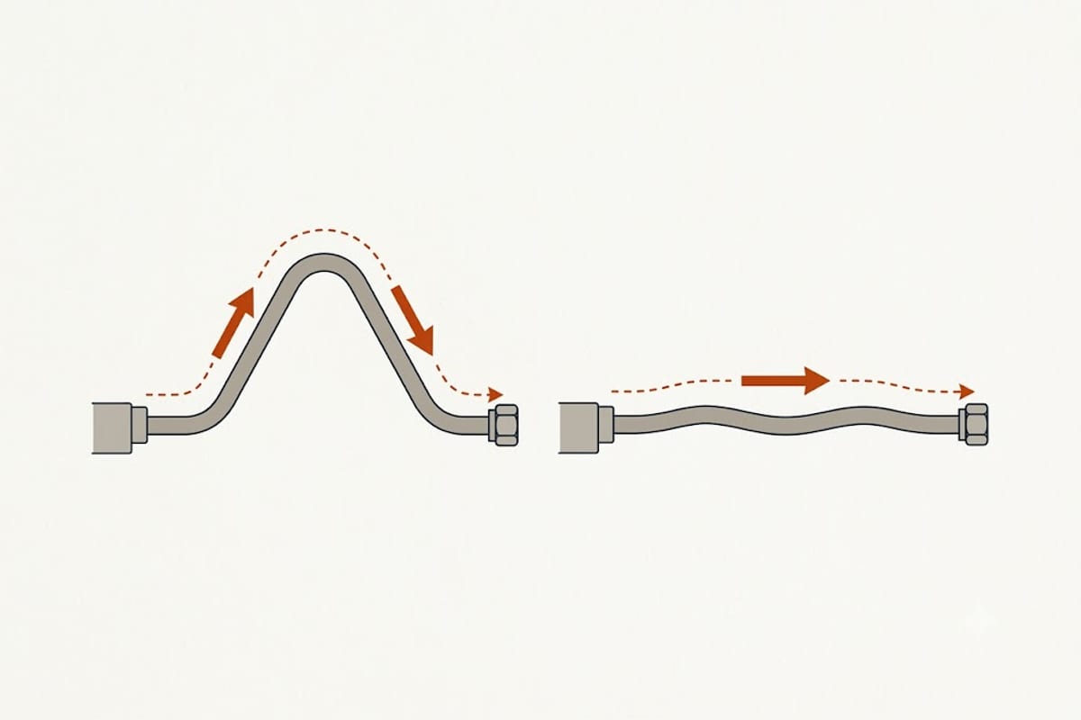 A drain hose raised into a high loop stops backflow
